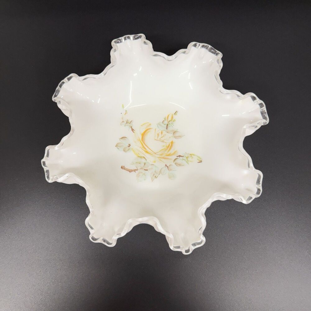 Vtg Fenton Silver Crest Milk Glass Yellow Rose Ruffled Crimped Bowl 9.5”
